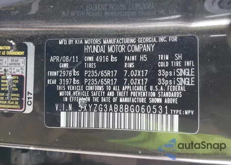 2011 Hyundai Santa Fe Gls z USA, uszkodzony, nr VIN 5XYZG3AB8BG060531